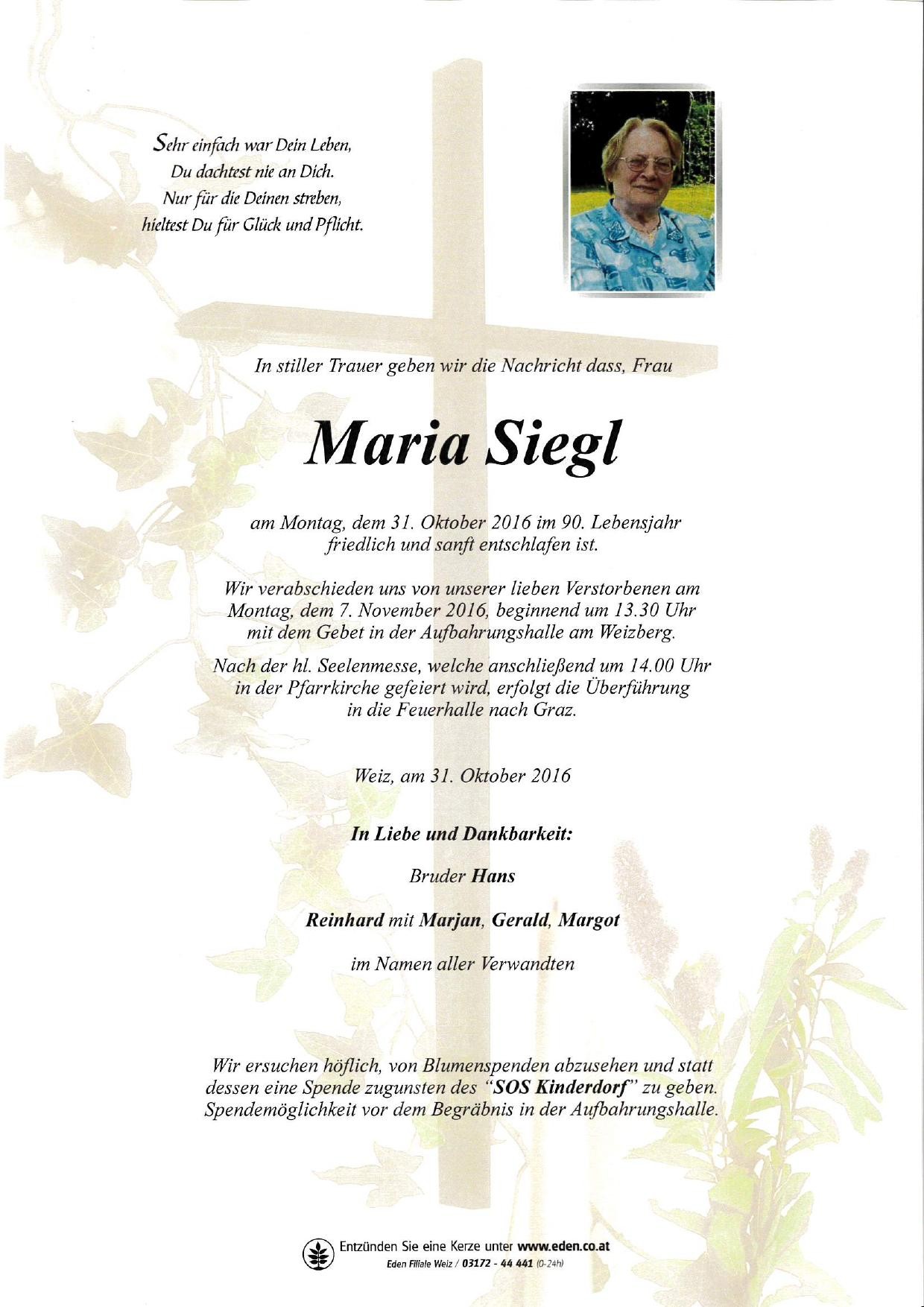 Traueranzeige von Maria Siegl