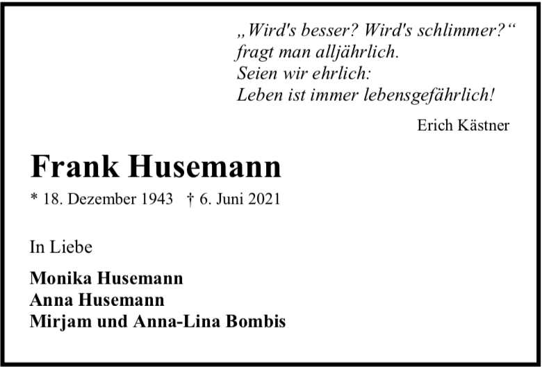 Traueranzeige von Frank Husemann