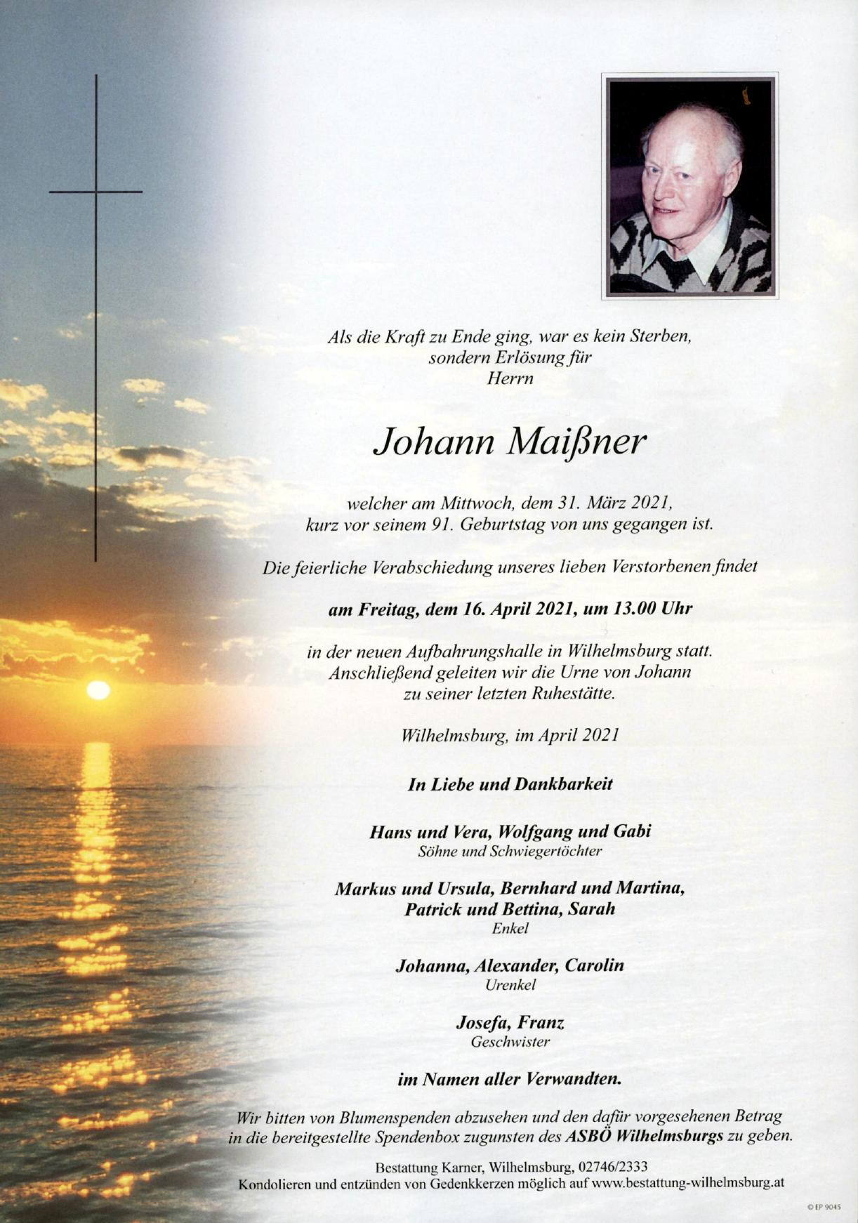 Traueranzeige von Johann Maißner