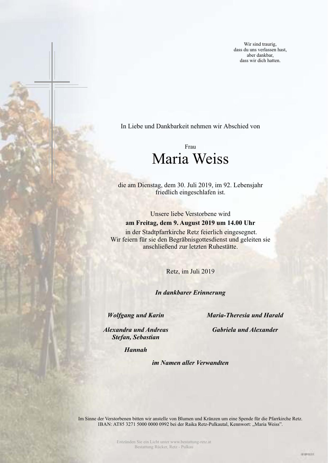 Traueranzeige von Maria Weiss