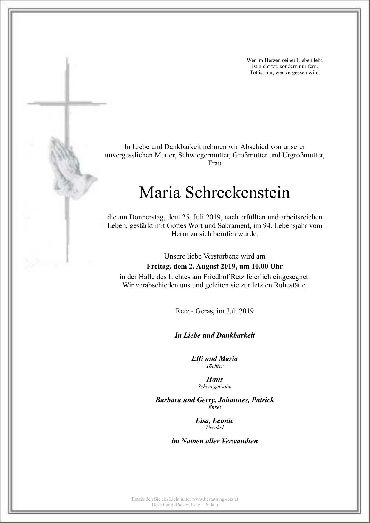 Traueranzeige von Maria Schreckenstein