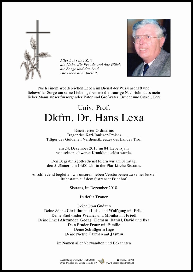 Traueranzeige von Univ.-Prof. Dkfm. Dr. Hans Lexa