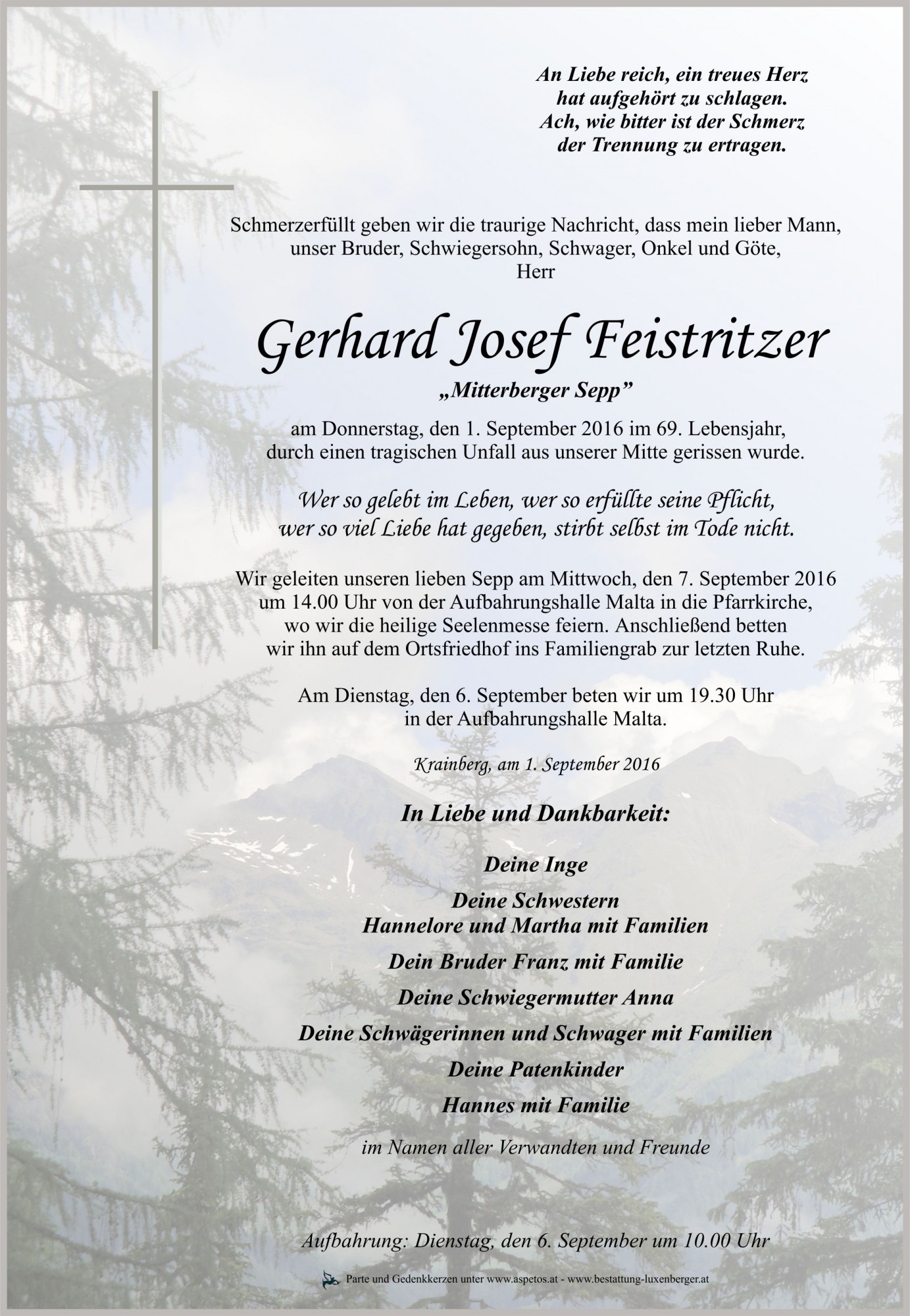Traueranzeige von Gerhard Josef Feistritzer