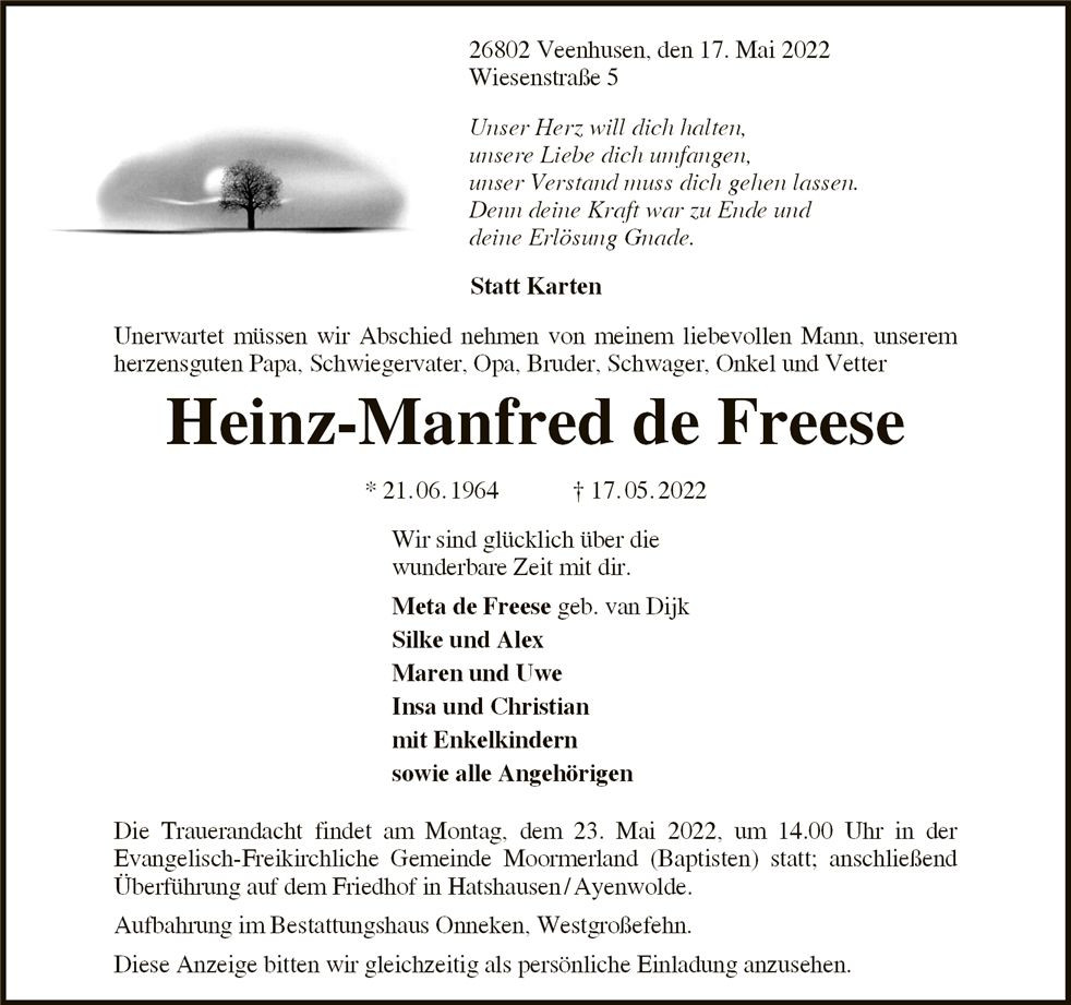Traueranzeige von Heinz-Manfred de Freese