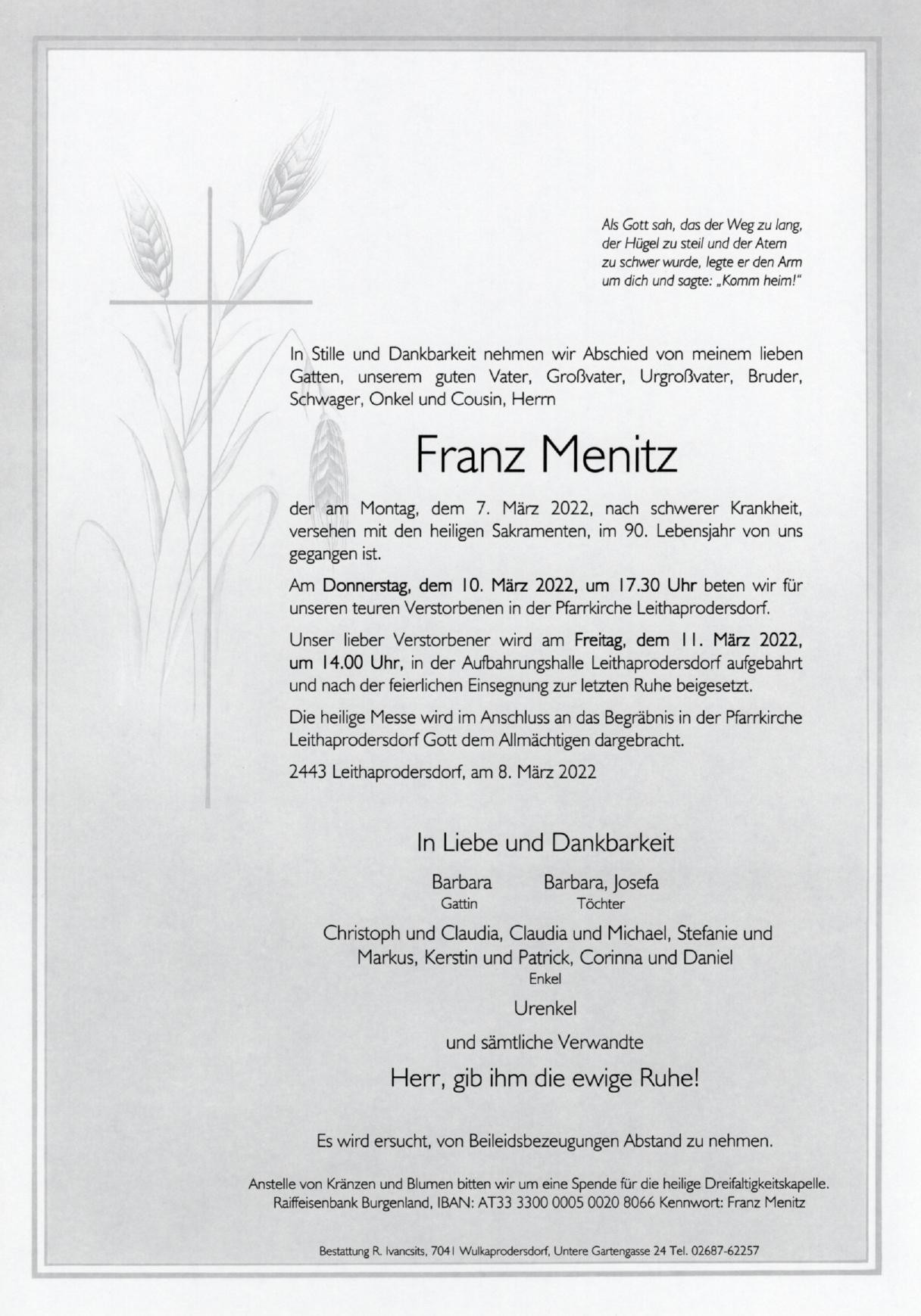 Traueranzeige von Franz Menitz