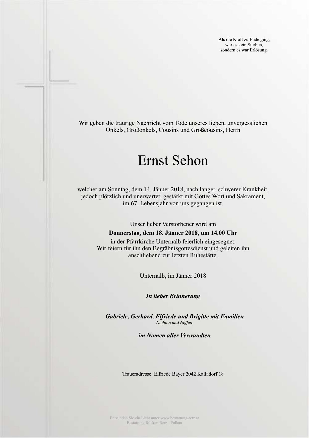 Traueranzeige von Ernst Sehon