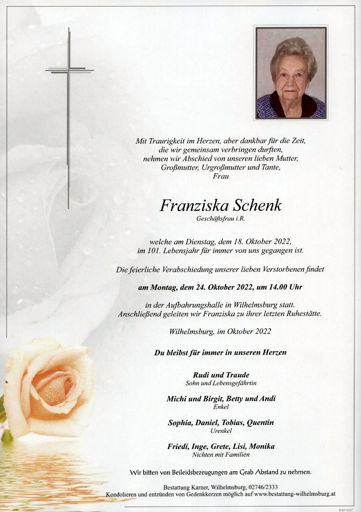 Traueranzeige von Franziska Schenk
