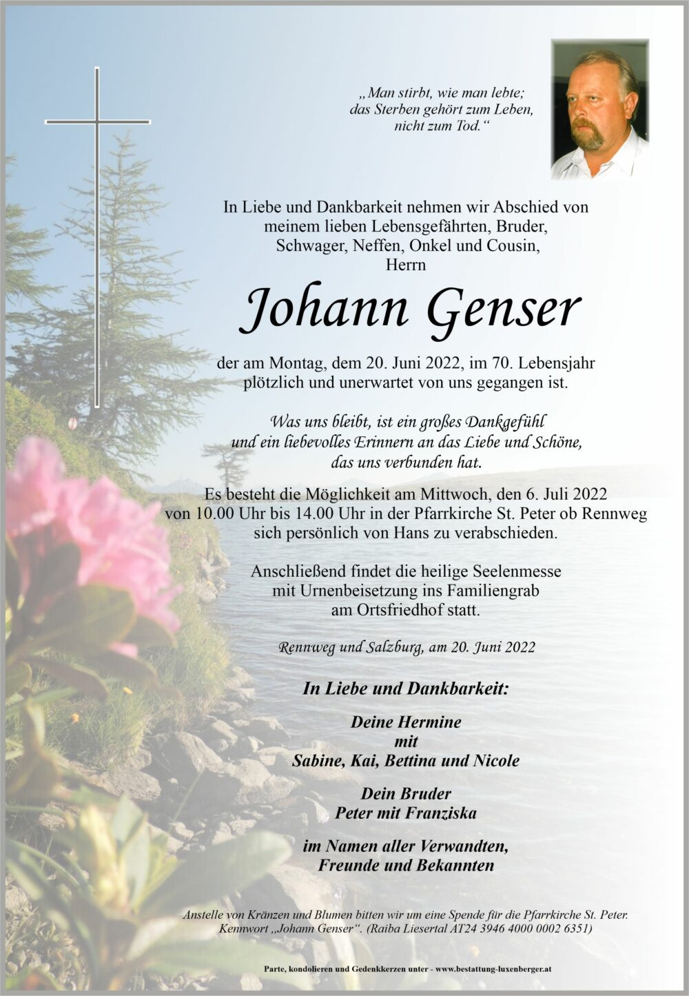 Traueranzeige von Johann Genser