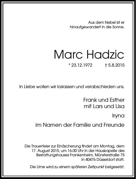 Traueranzeige von Marc Hadzic