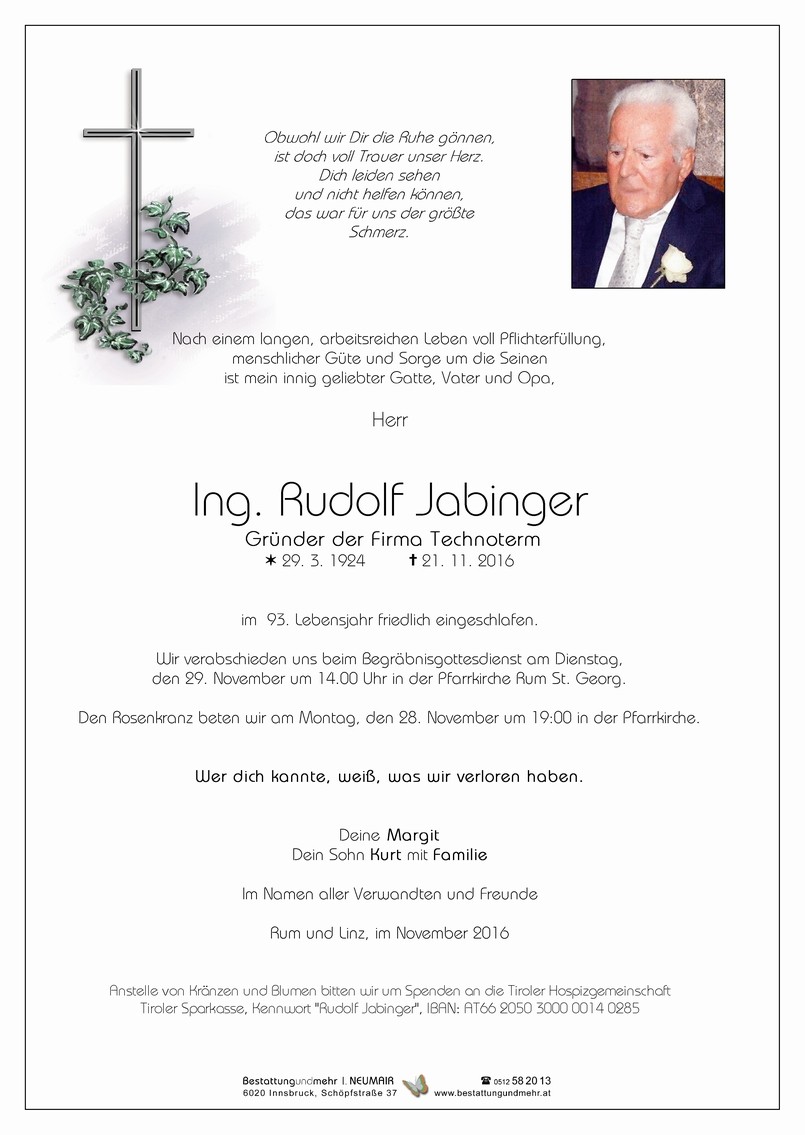 Traueranzeige von Ing. Rudolf Jabinger