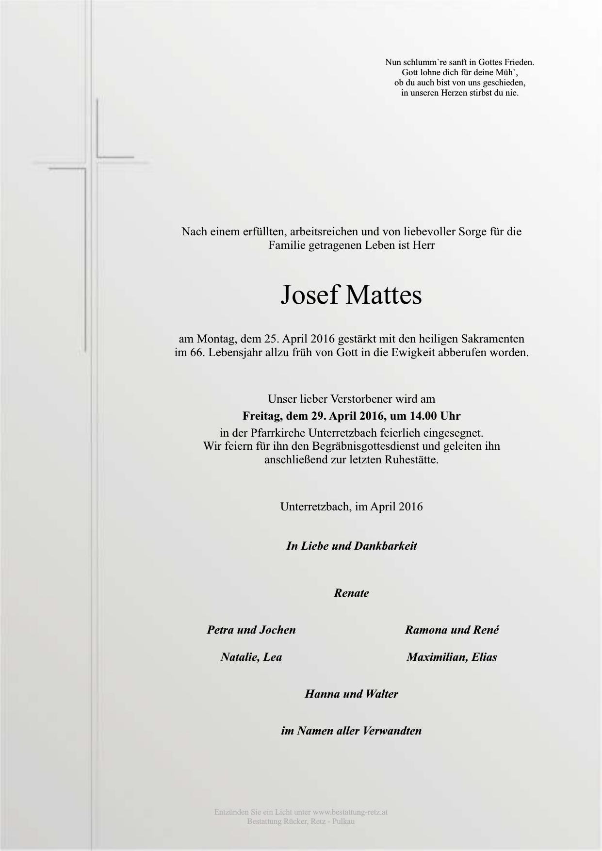 Traueranzeige von Josef Mattes