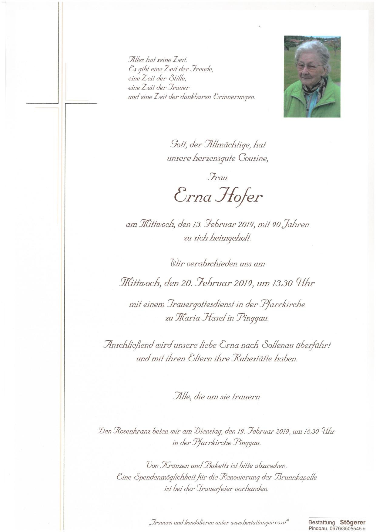 Traueranzeige von Erna Hofer