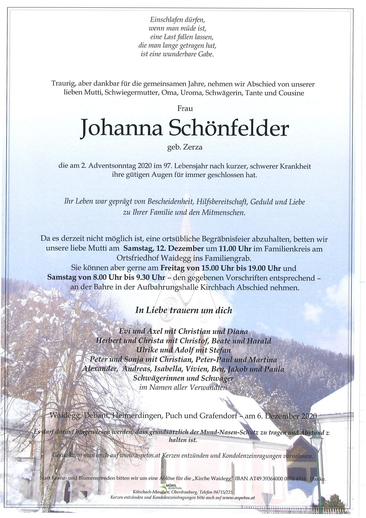 Traueranzeige von Johanna Schönfelder