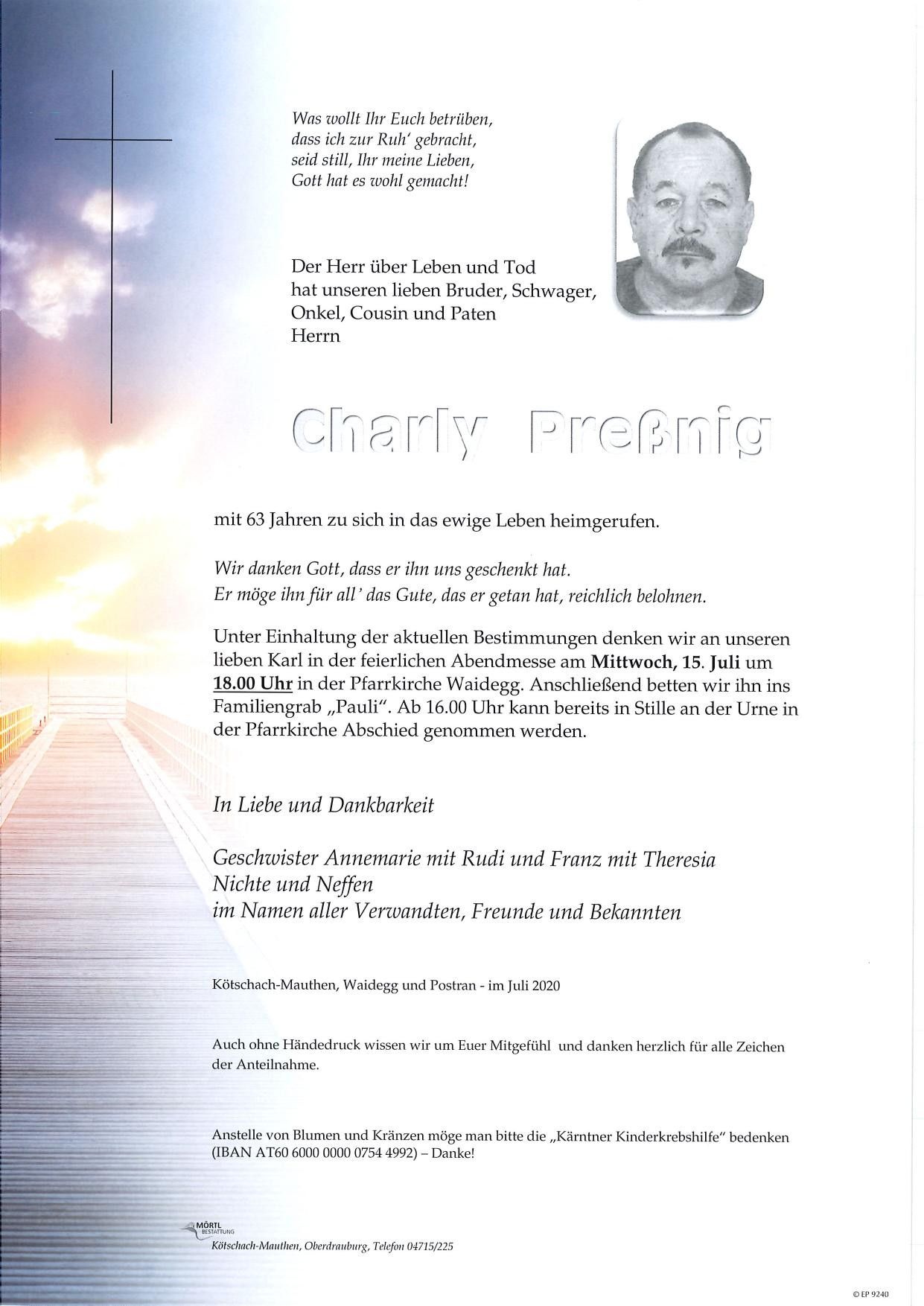 Traueranzeige von Charly Preßnig