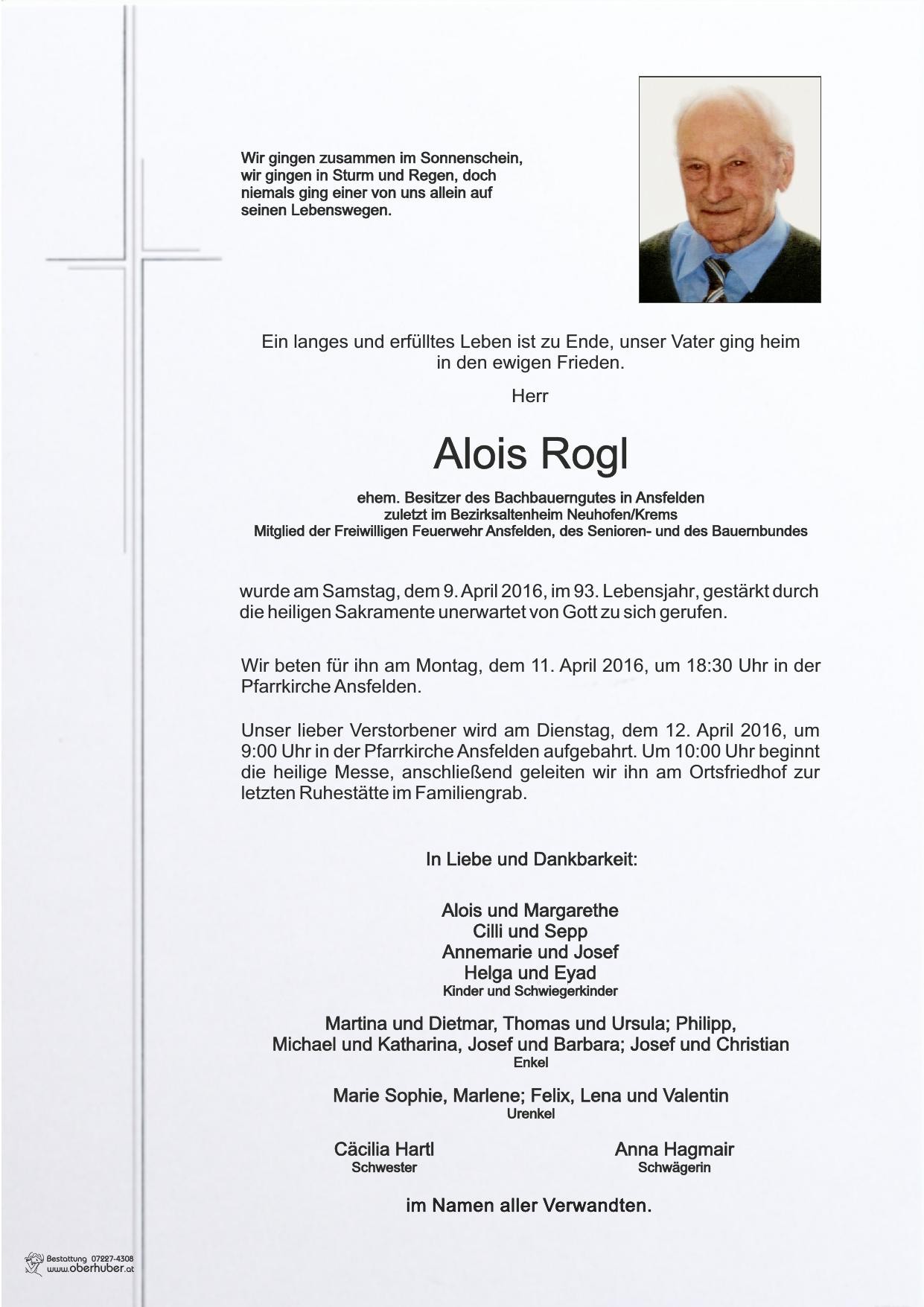 Traueranzeige von Alois Rogl