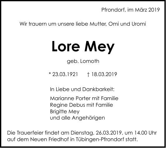 Traueranzeige von Lore Mey