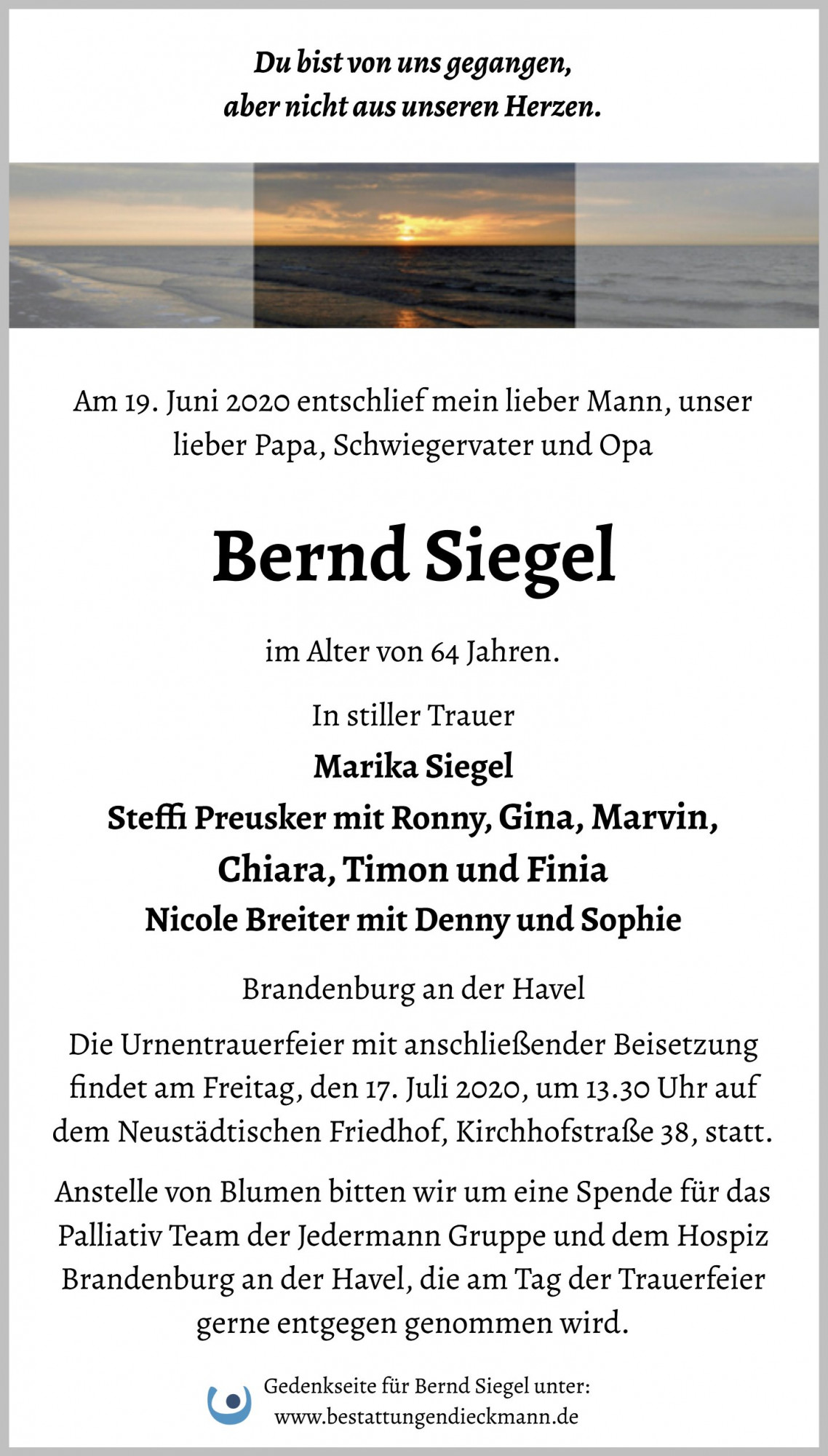 Traueranzeige von Bernd Siegel