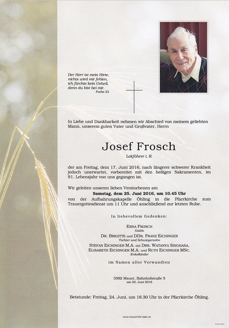 Traueranzeige von Josef Frosch