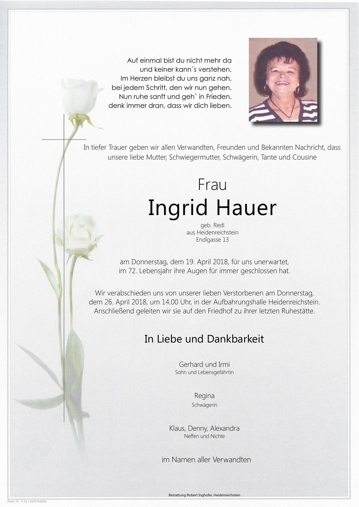 Traueranzeige von Ingrid Hauer