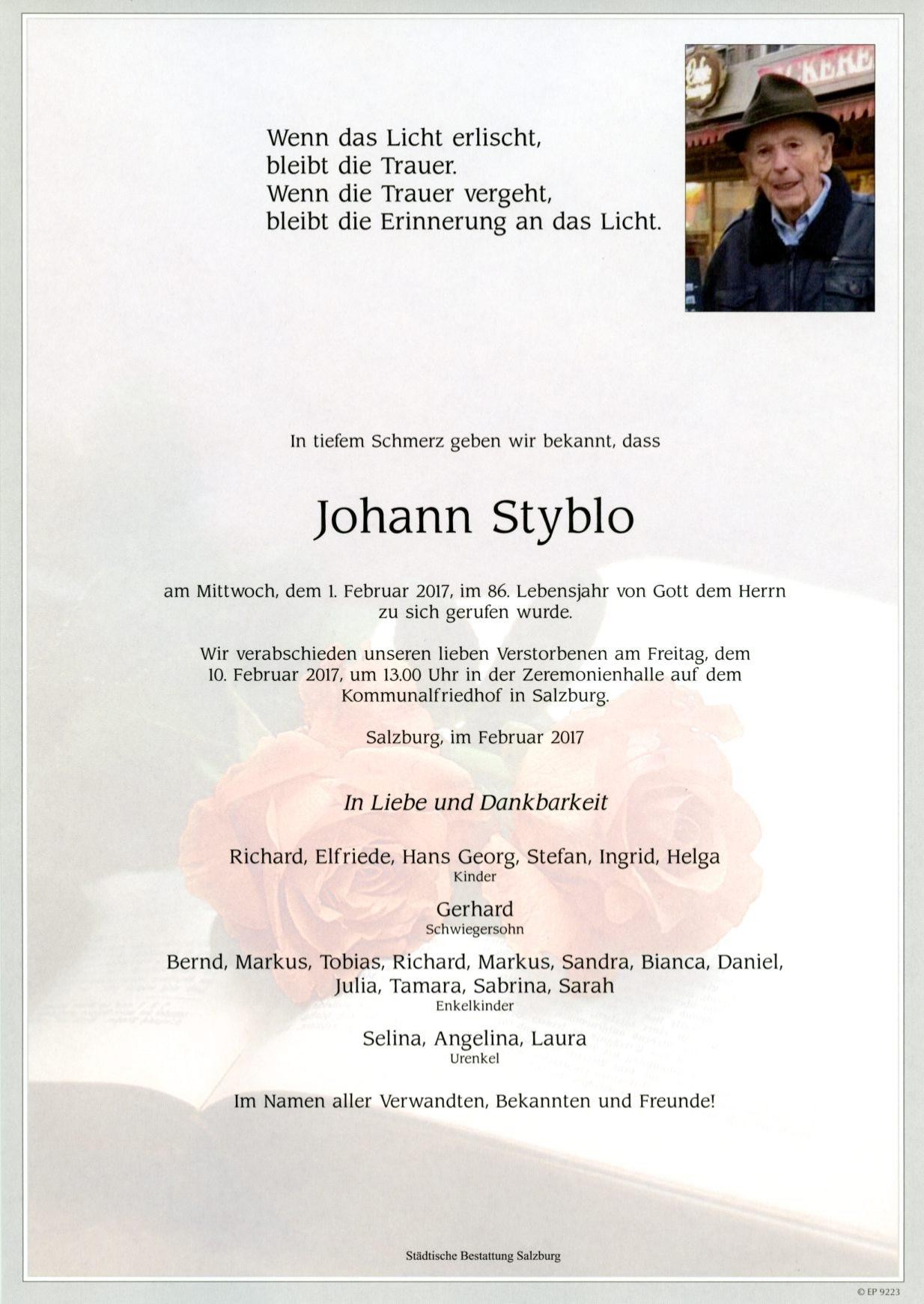 Traueranzeige von Johann Styblo