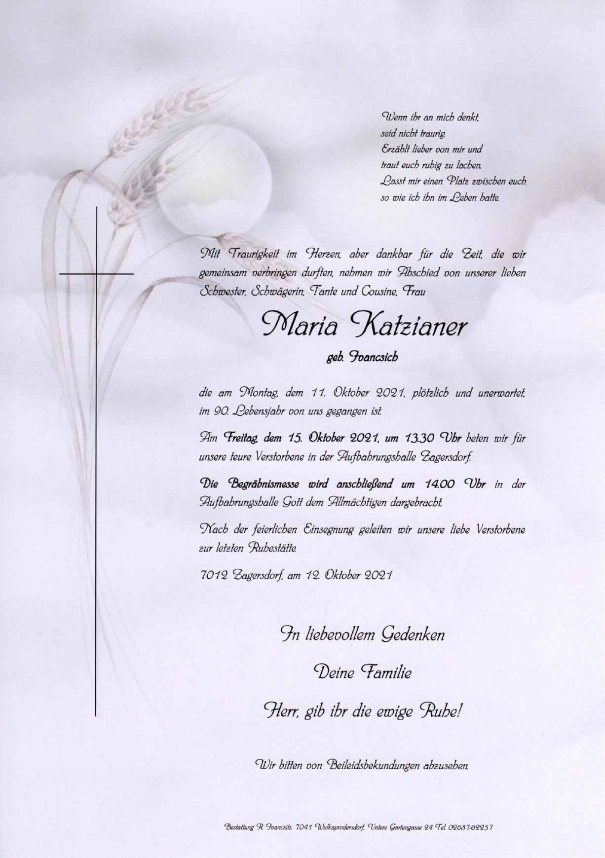 Traueranzeige von Maria Katzianer