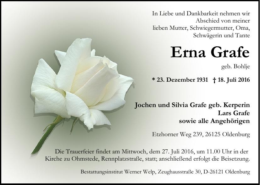 Traueranzeige von Erna Grafe