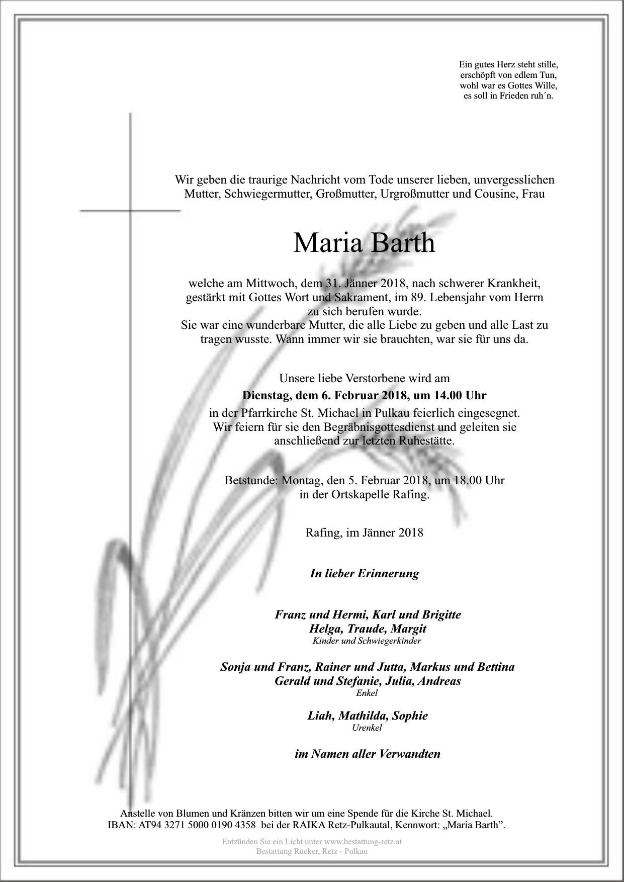 Traueranzeige von Maria Barth