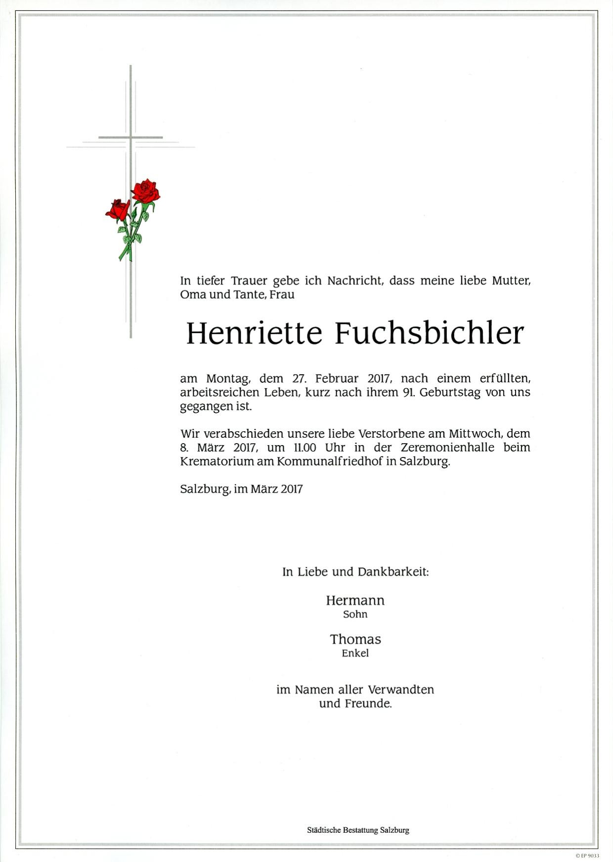 Traueranzeige von Henriette Fuchsbichler