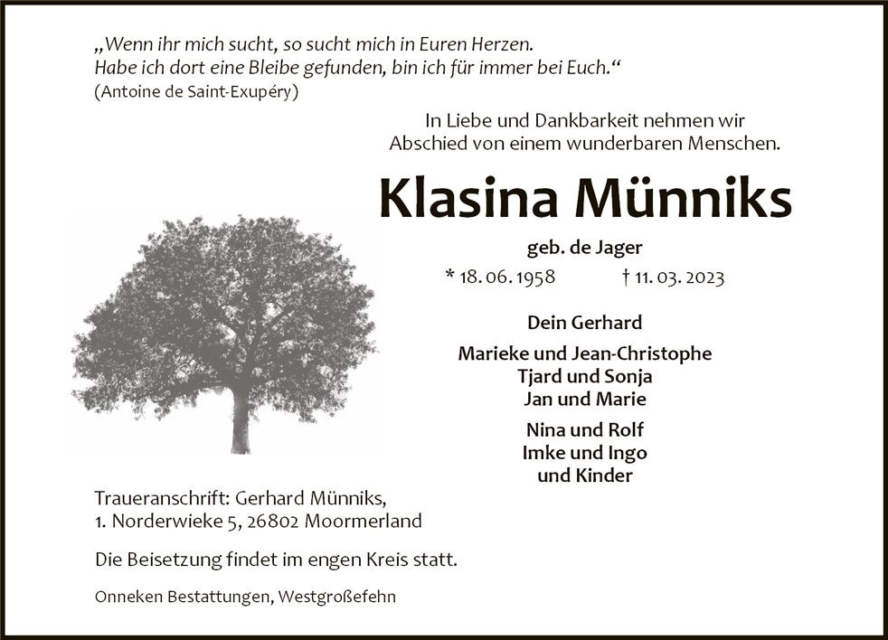 Traueranzeige von Klasina Münniks
