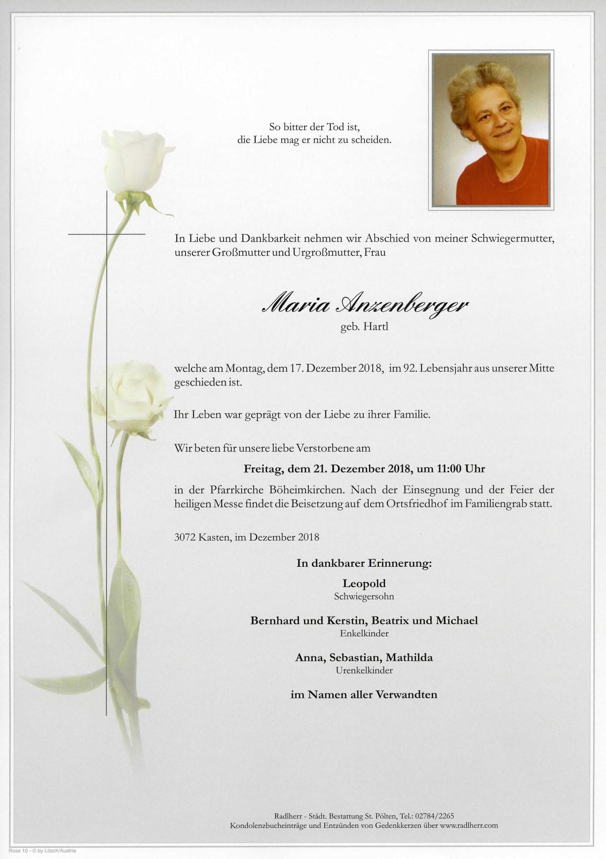 Traueranzeige von Maria Anzenberger