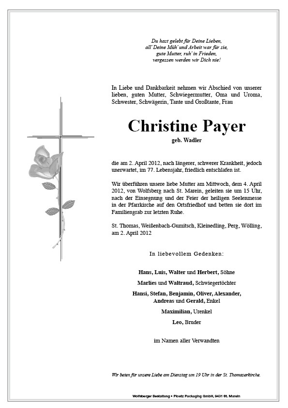 Traueranzeige von Christine Payer