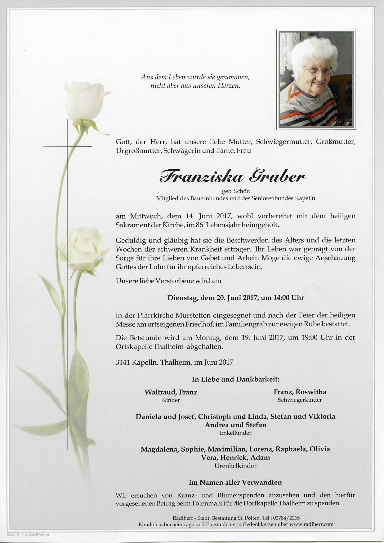 Traueranzeige von Franziska Gruber