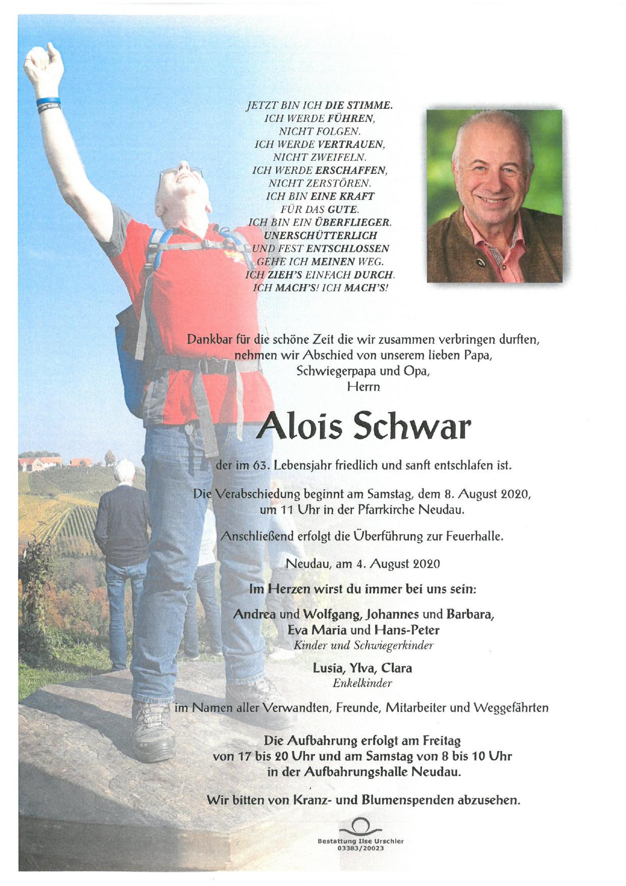 Traueranzeige von Alois Schwar