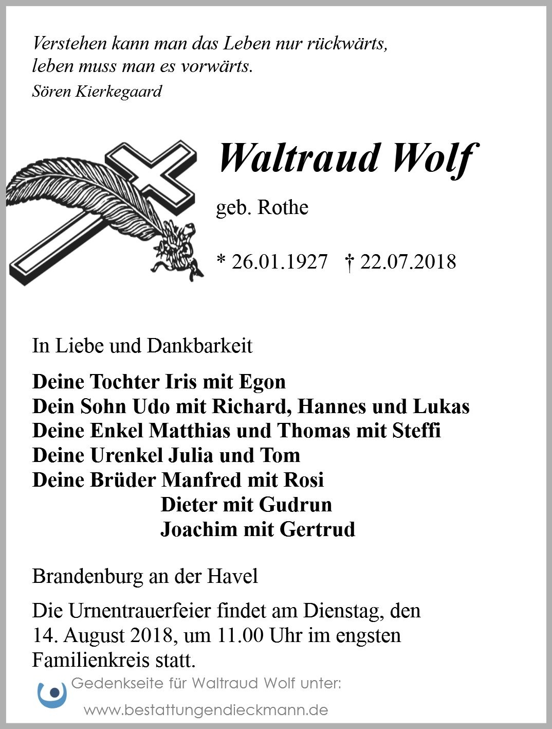 Traueranzeige von Waltraud Wolf
