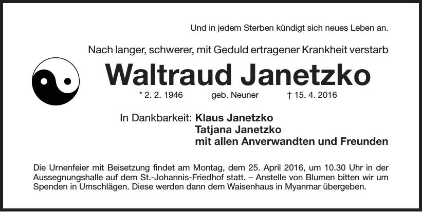 Traueranzeige von Waltraud Janetzko