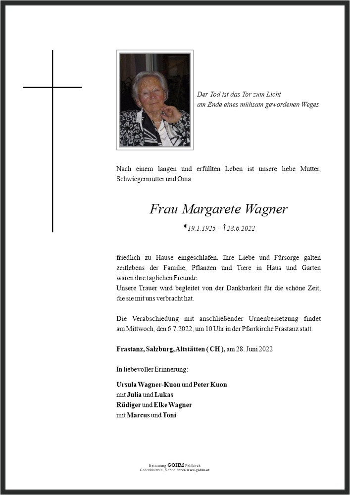 Traueranzeige von Margarete Wagner