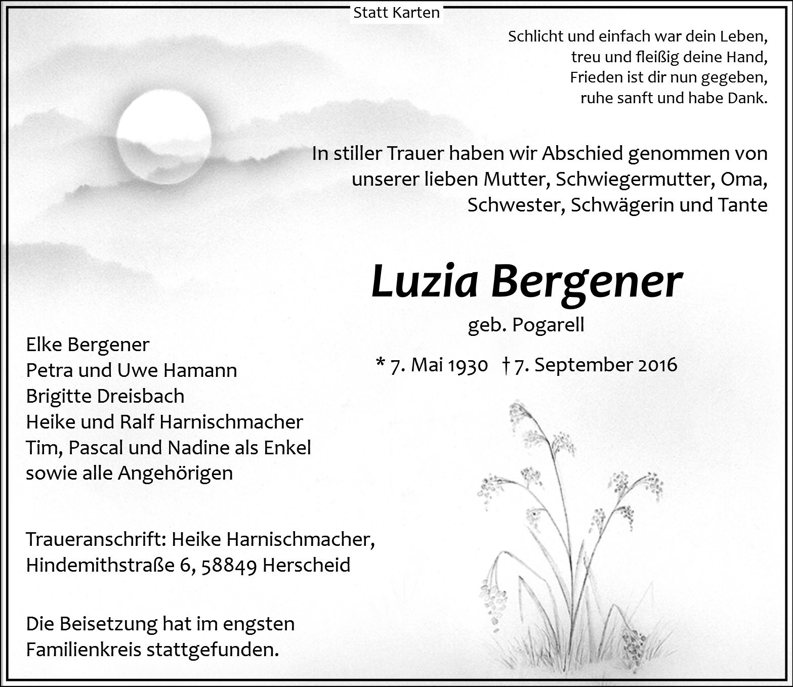 Traueranzeige von Luzia Bergener