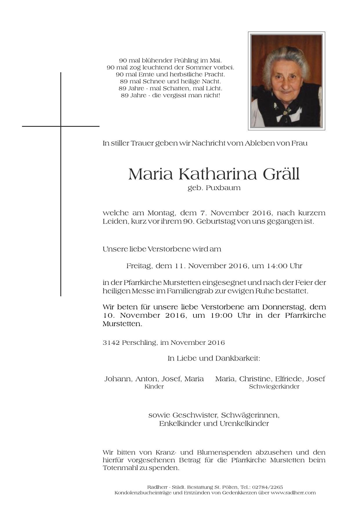Traueranzeige von Maria Gräll