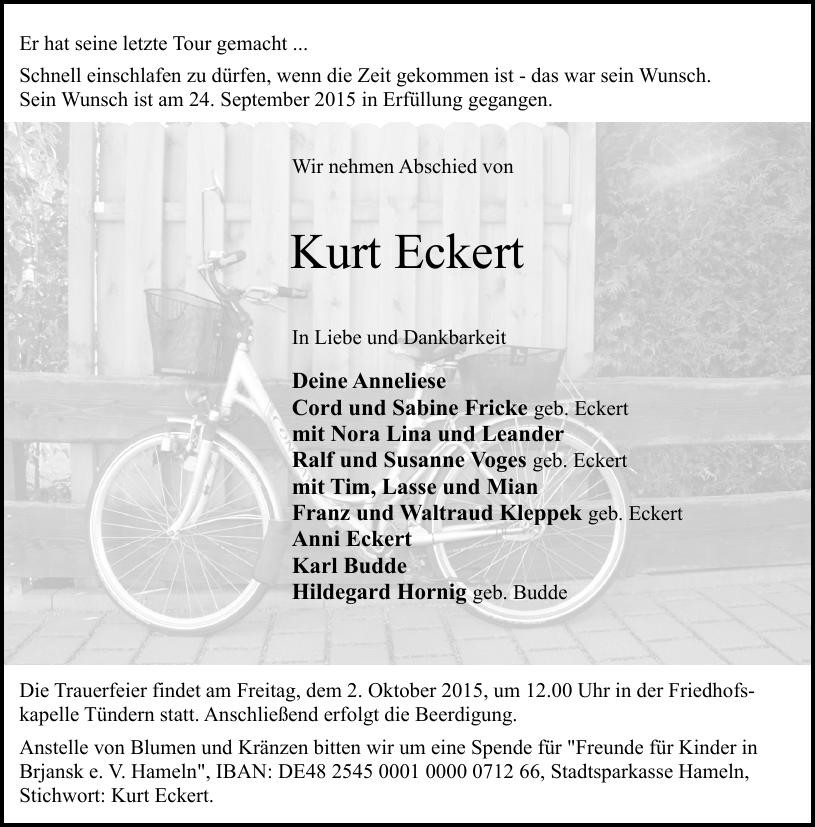 Traueranzeige von Kurt Eckert