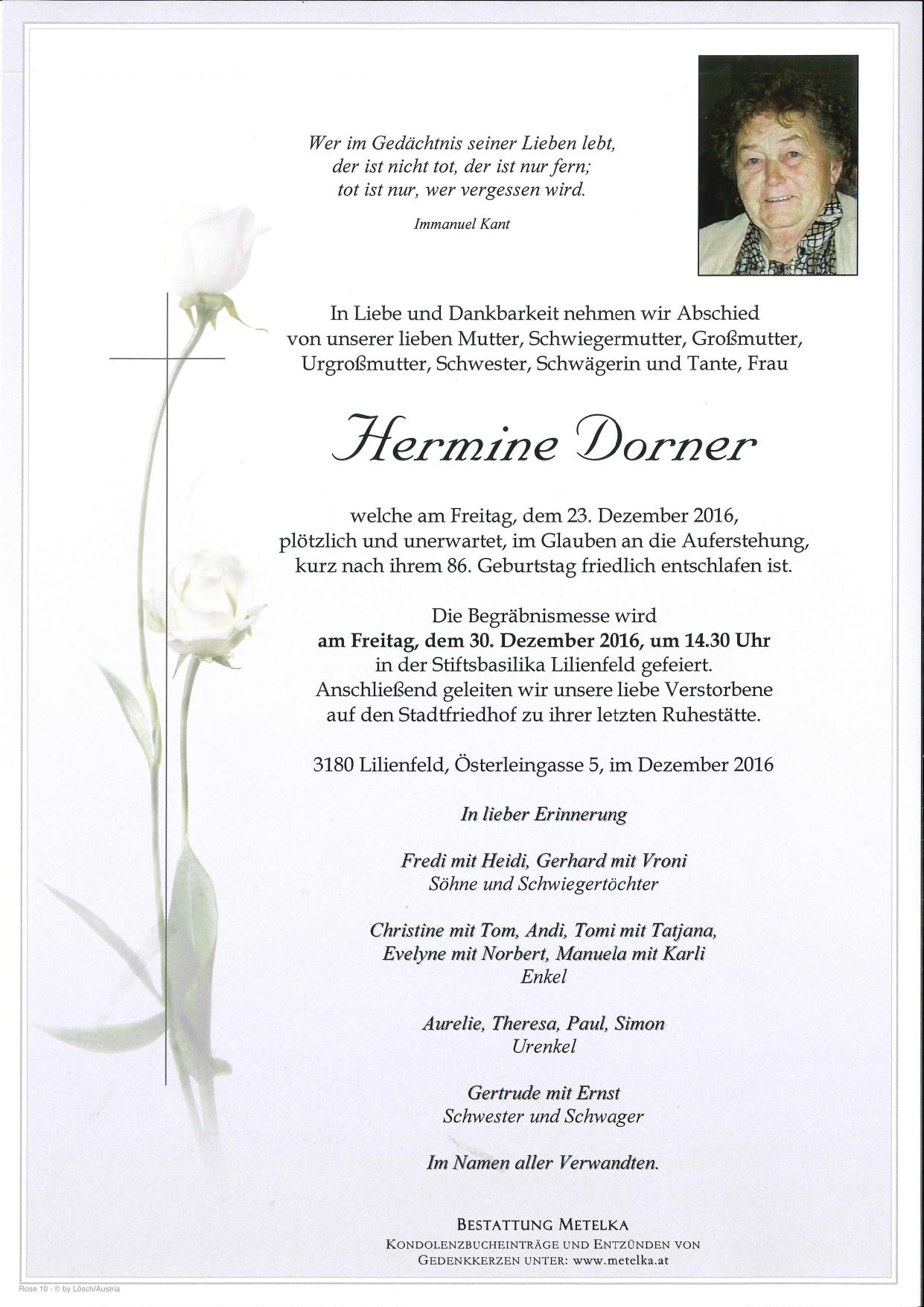Traueranzeige von Hermine Dorner