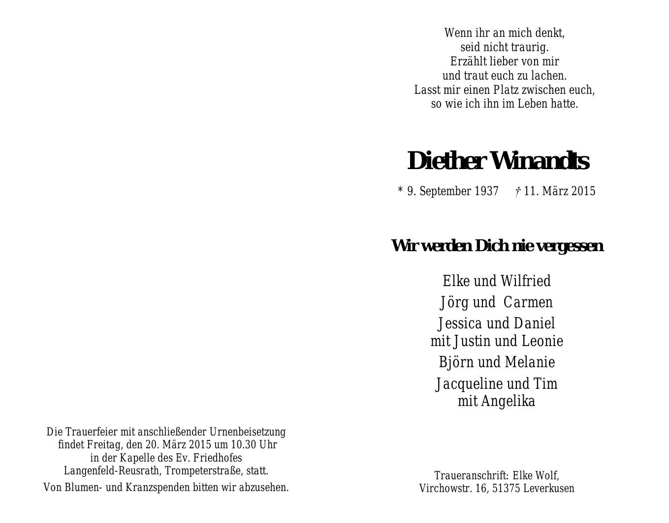 Traueranzeige von Diether Winandts