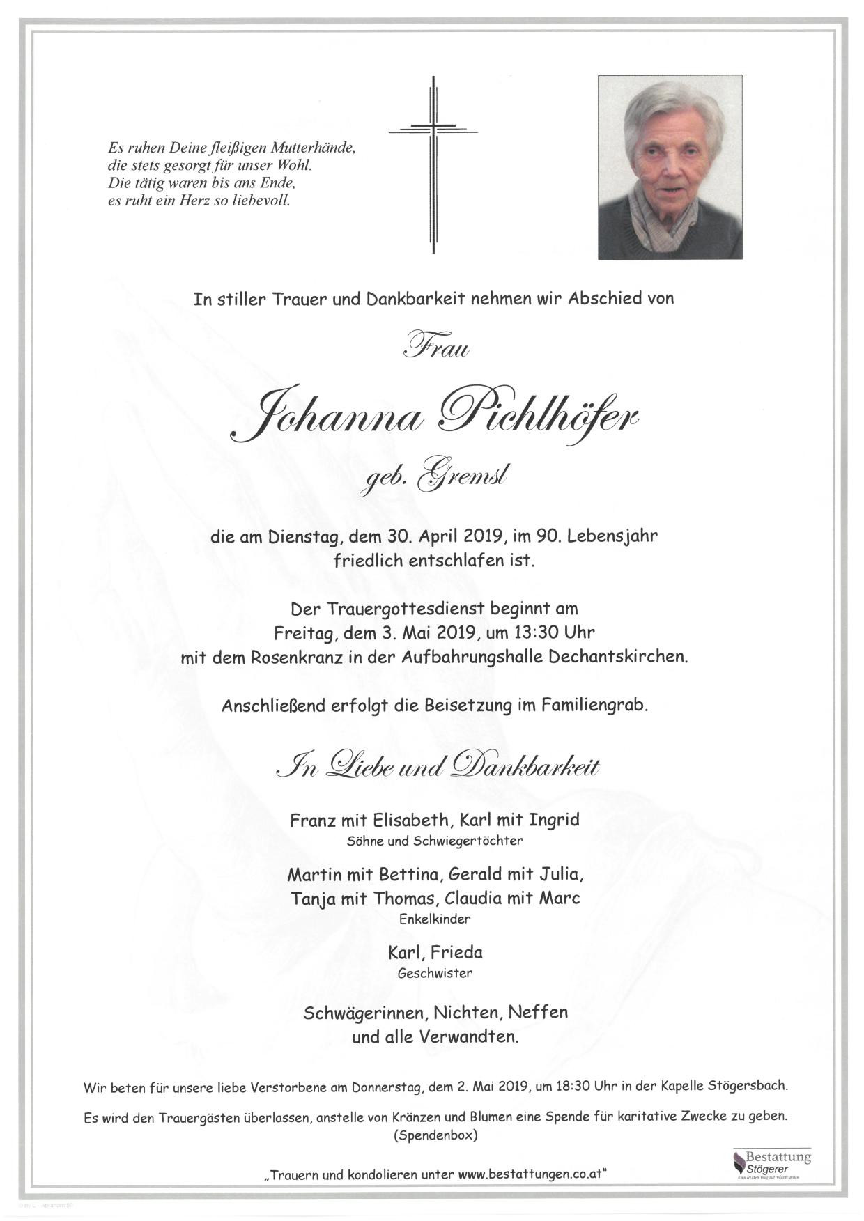 Traueranzeige von Johanna Pichlhöfer