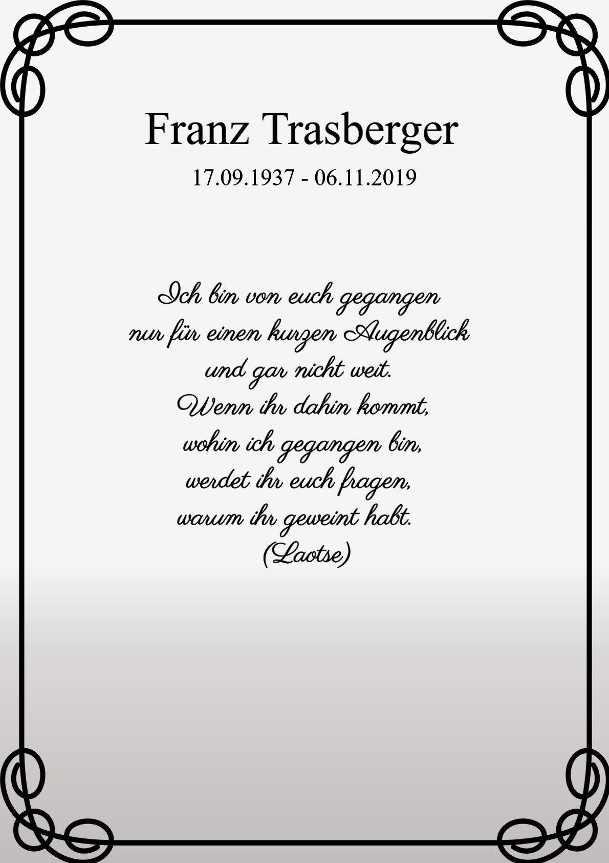 Traueranzeige von Franz Trasberger