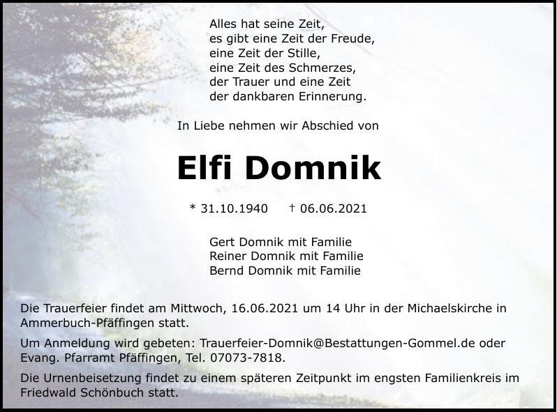 Traueranzeige von Elfi Domnik