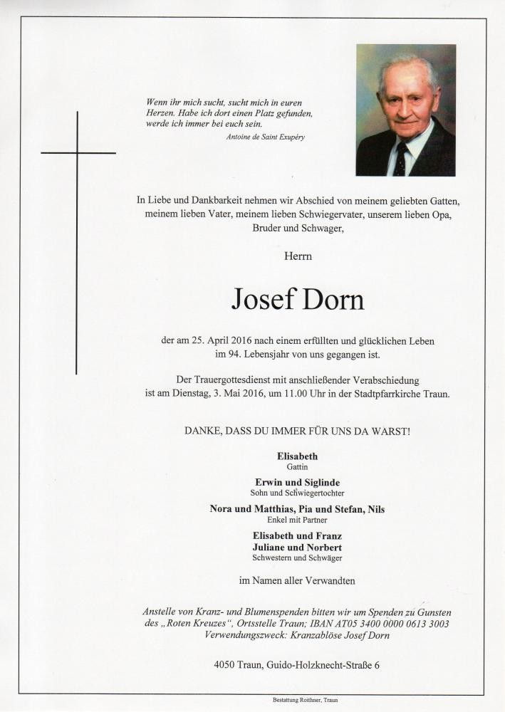 Traueranzeige von Josef Dorn
