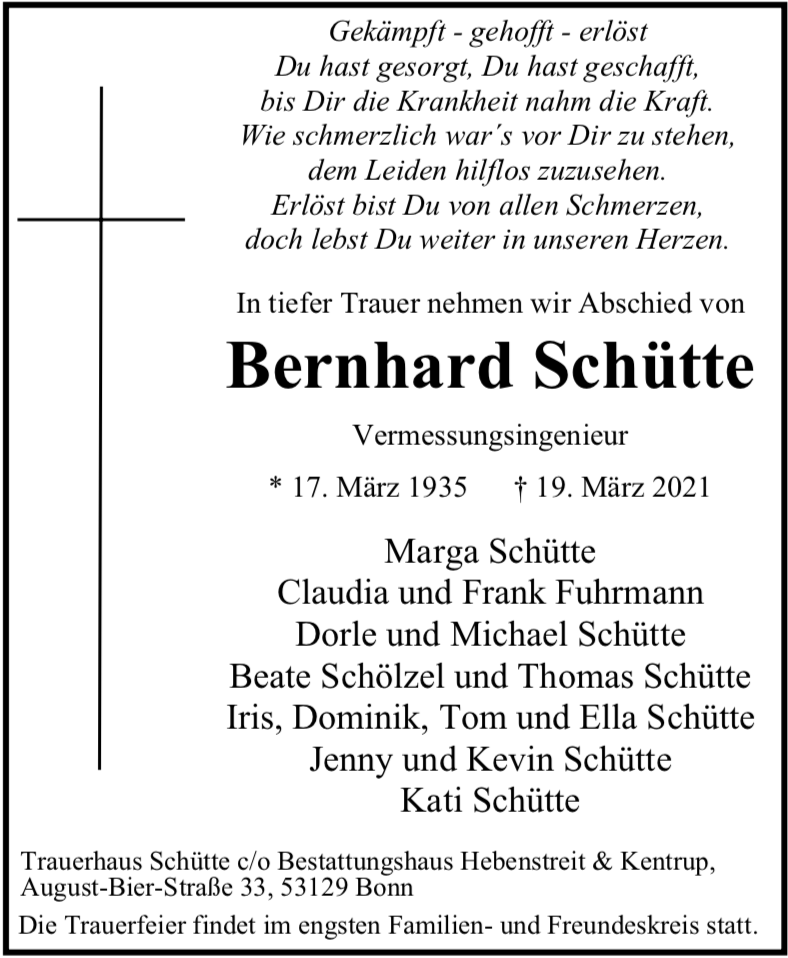 Traueranzeige von Bernhard Schütte