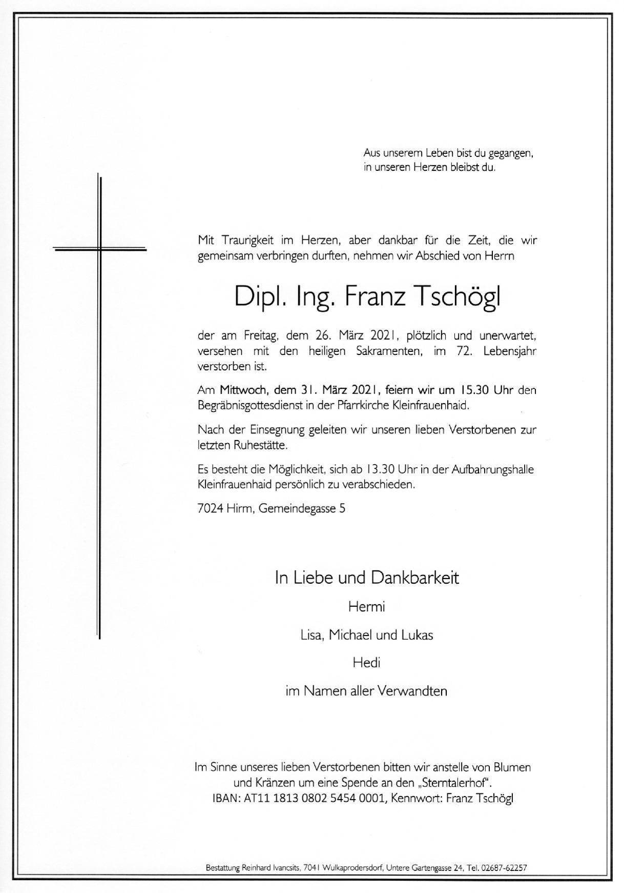 Traueranzeige von Dipl. Ing. Franz Tschögl