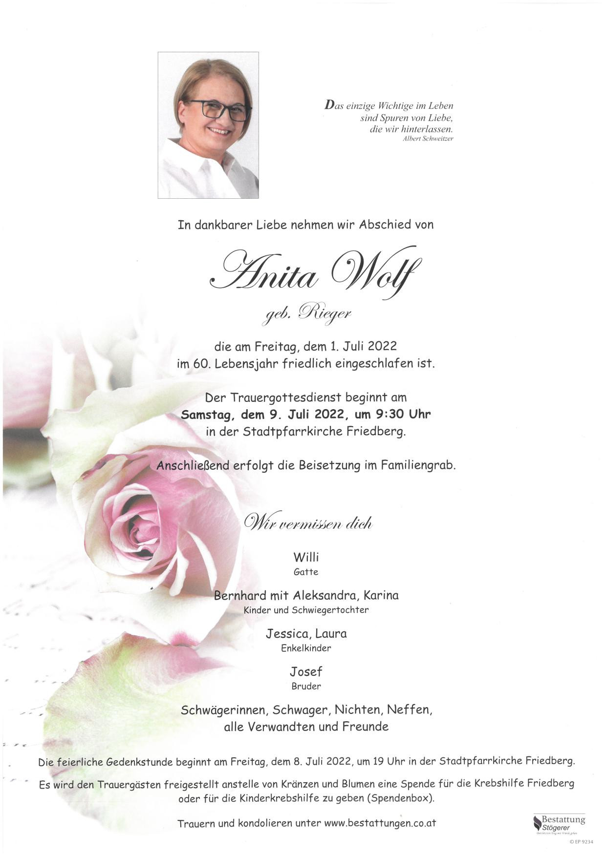 Traueranzeige von Anita Wolf