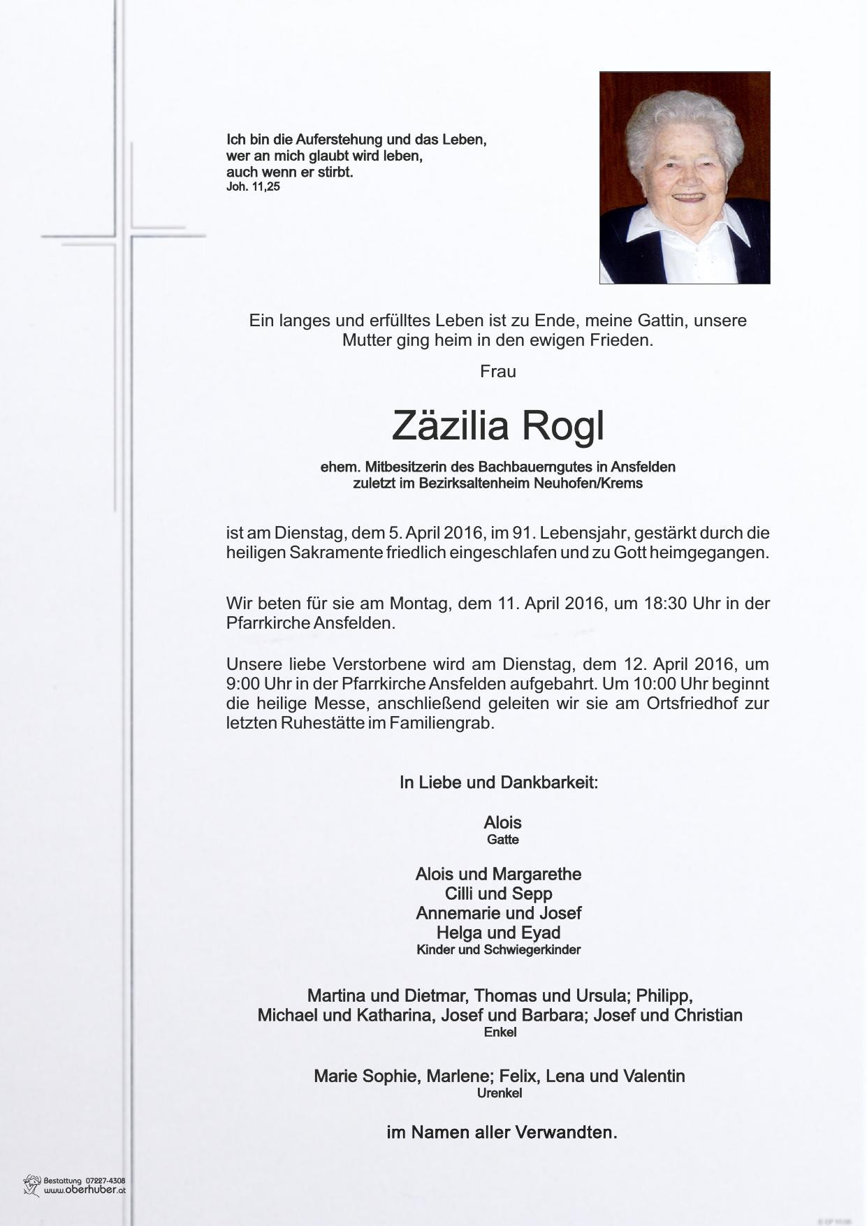 Traueranzeige von Zäzilia Rogl