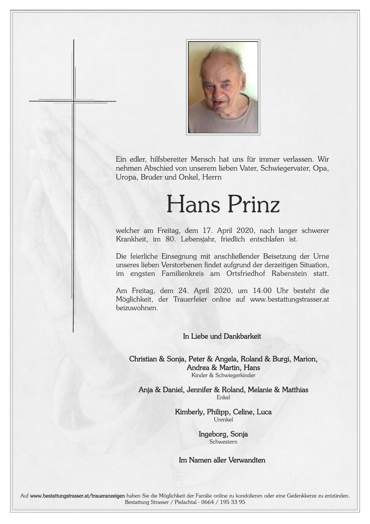 Traueranzeige von Hans Prinz